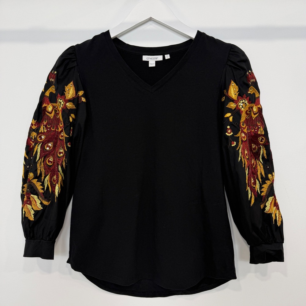 Chicos Peacock Embroidered Puff Sleeve Top 0 S Dark Boho Whimsigoth Eclectic